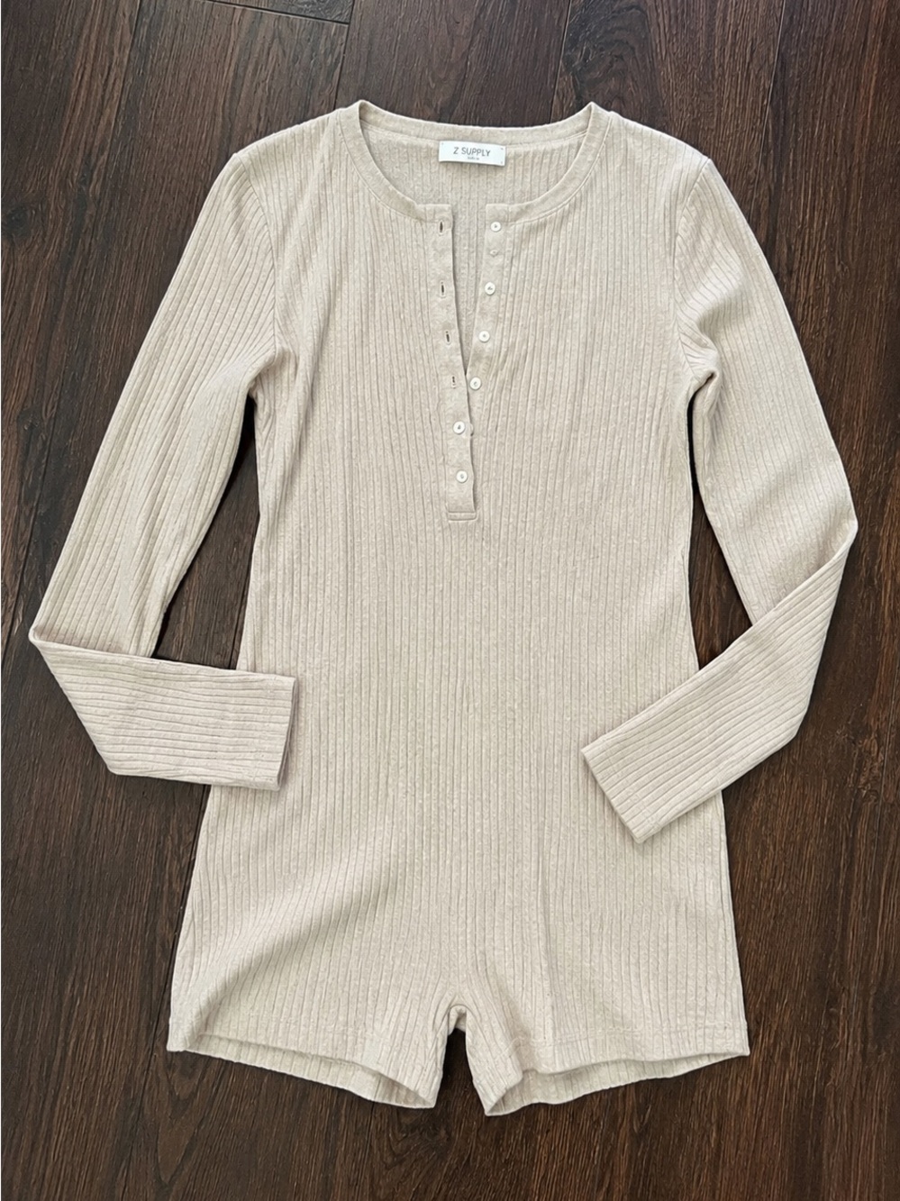 GREY LAB Ribbed Henley Long-Sleeve Romper in Light Beige Sz L